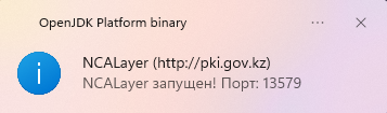 NCALayer сәтті іске қосылғаны туралы хабарлама