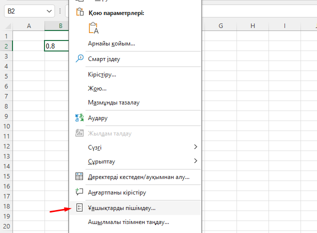 Format Cells мәзірі