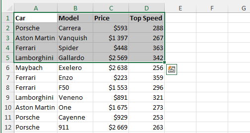 Excel деректерін таңдау